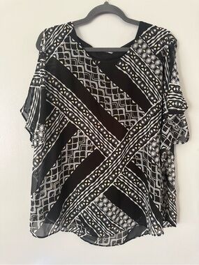 TanJay Geometric Patchwork Print Short Sleeve Blouse Black White Gold Size L